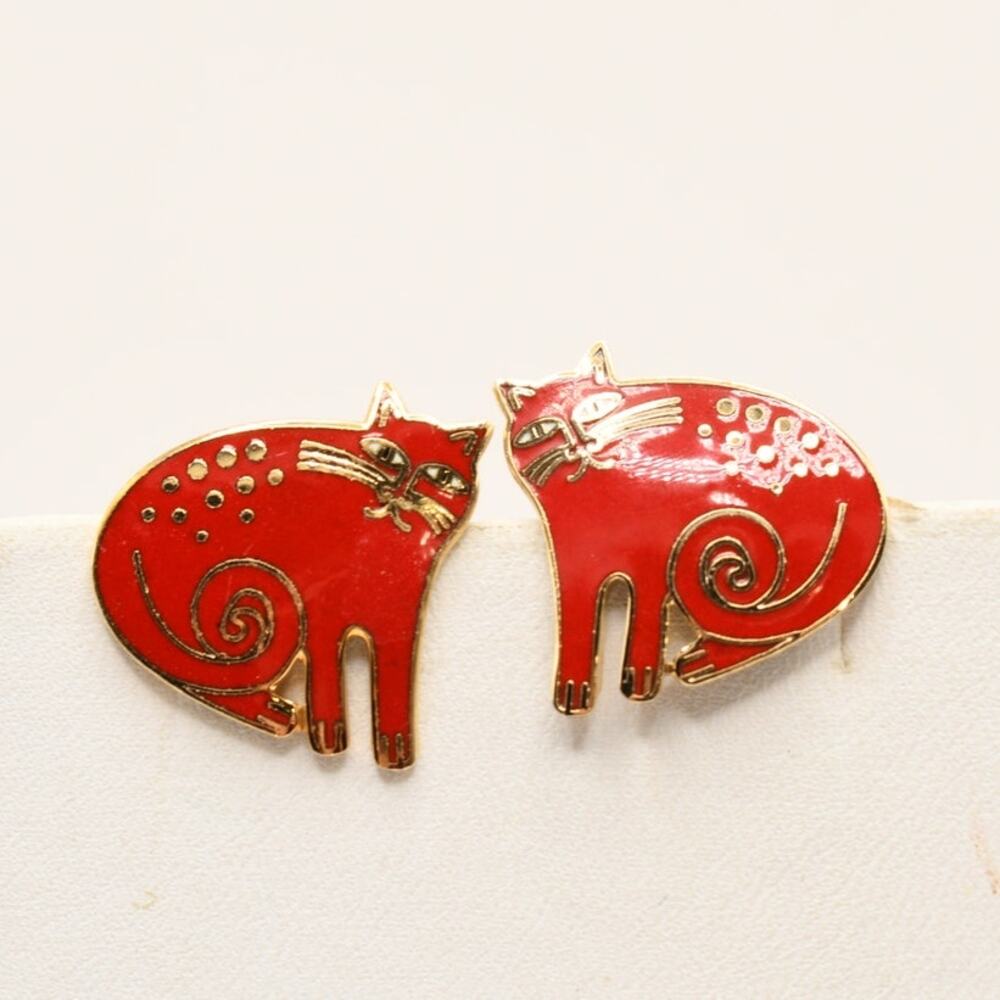 Vintage Laurel Burch Red Cat Earrings Enamel Gold Tone Signed Posts Keshire Cat
